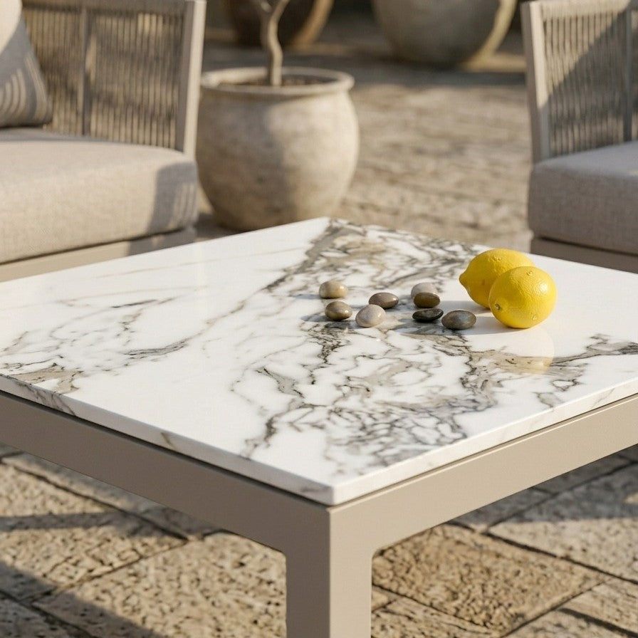 Zestaw ogrodowy aluminium kanapa 2 fotele stolik ceramiczny beżowy modułowy