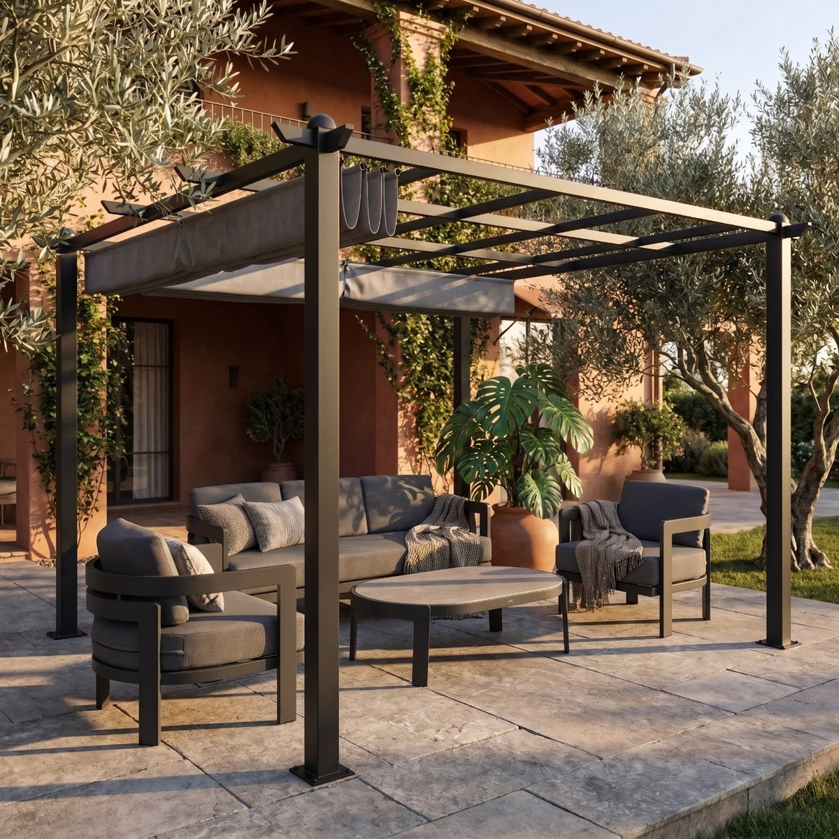 Grafitowa Pergola do Ogrodu na Taras Patio Aluminiowa Żaluzje 300x300x225cm