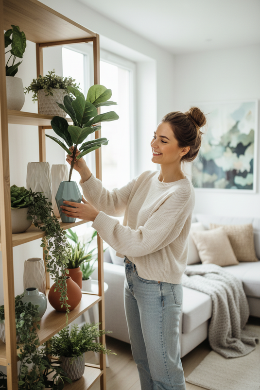 Klientka dekorująca dom roślinami