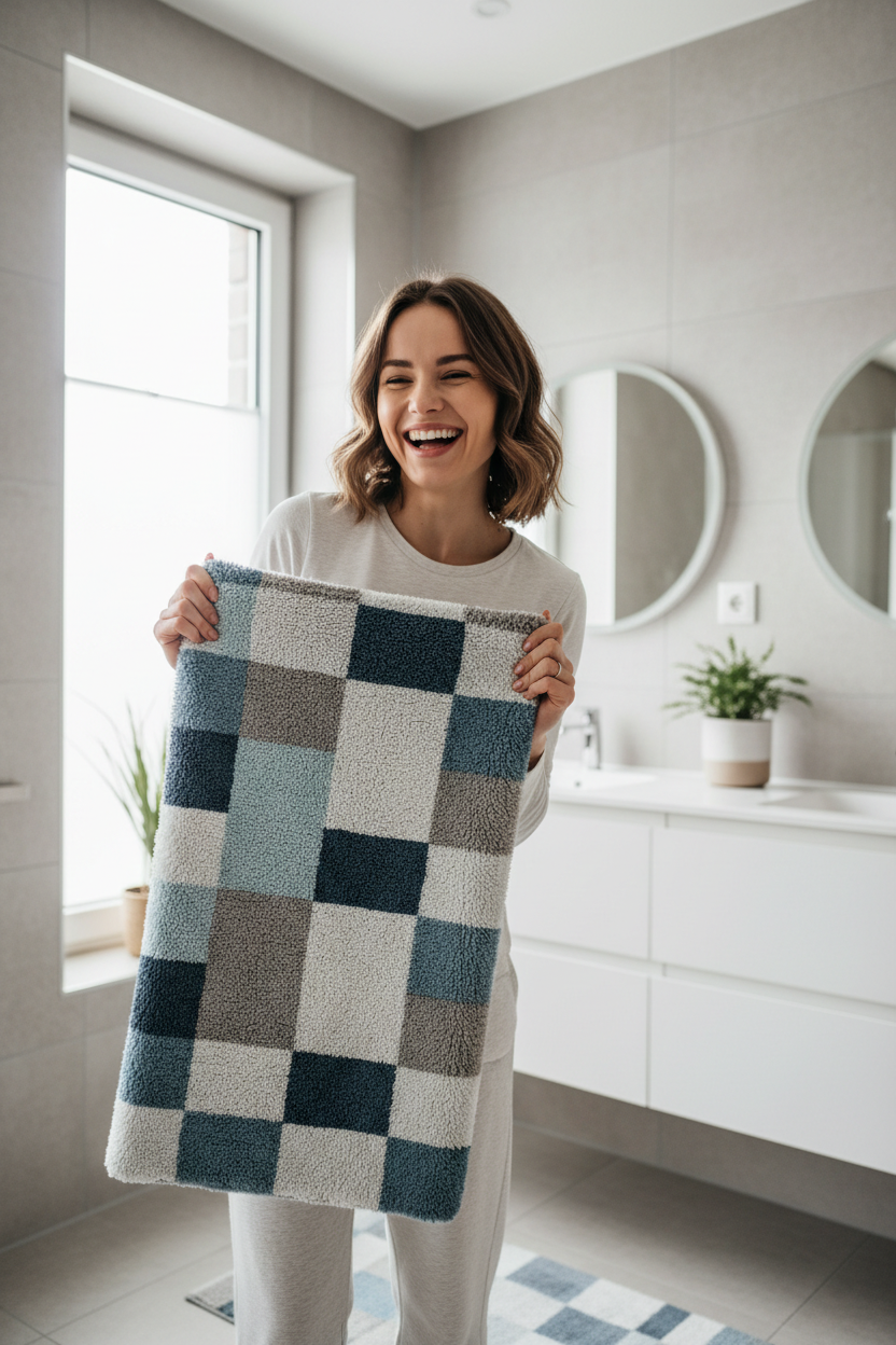 Klientka z dywaником łazienkowym